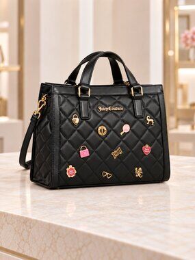 Juicy Couture Black Quilted Charm Tote Bag Gold Hardware NWT